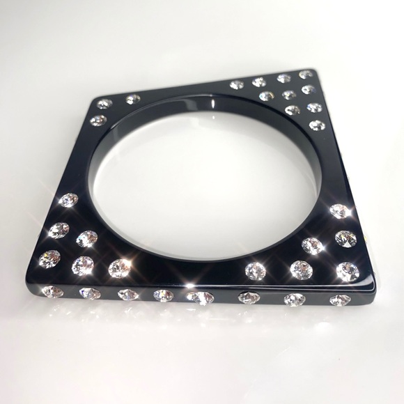 Black Acrylic Bangle Bracelet, Geometric Shaped, Swarovski Crystal Rhinestones - Picture 13 of 14